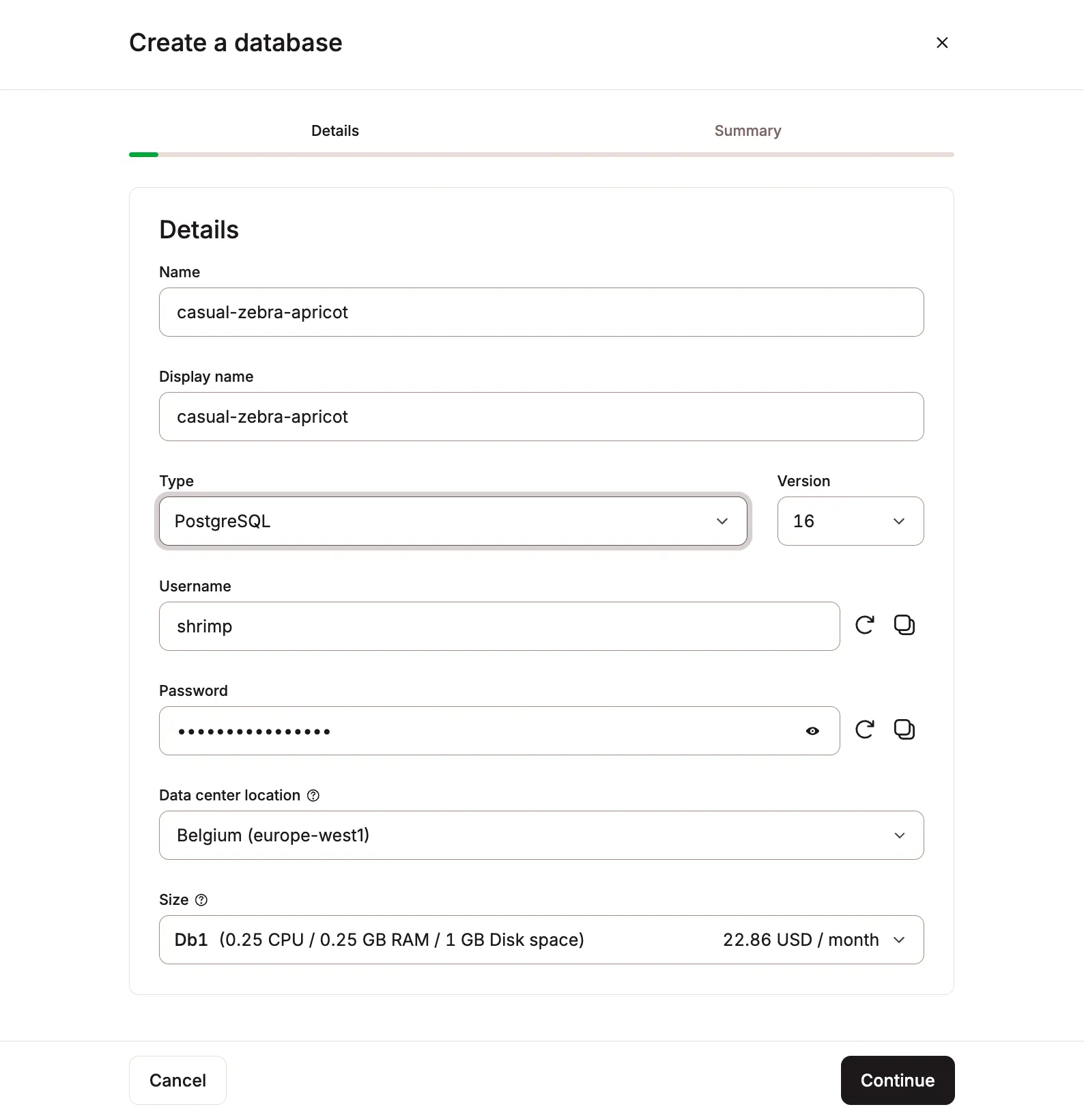 Create database modal in Sevalla